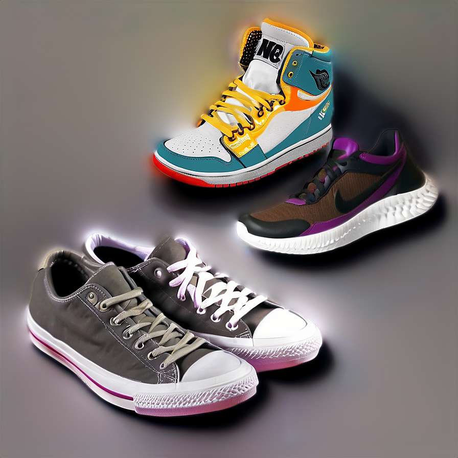 Three glowing sneakers with neon accents on a dark background. — Sneakerhead Picture