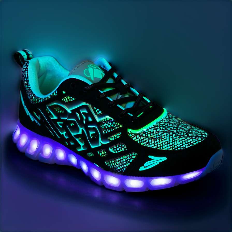 A black sneaker with glowing purple and teal LED lights on sole and accents. — Sneakers PNG