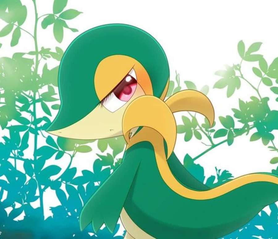 Grøn og gul anime-fugl, der kigger gennem blade med et rødt øje. — Snivy Wallpapers