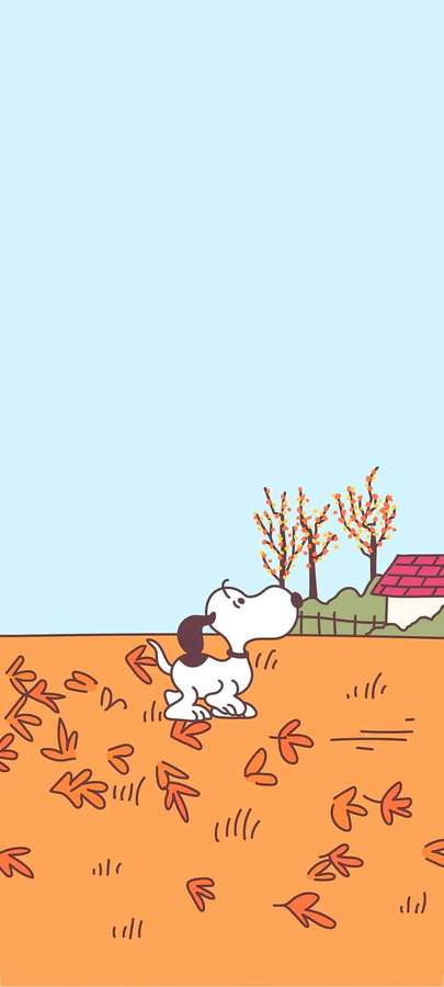 Cartoon dog sitting in orange leaves with autumn trees and a red roof house in background. — Snoopy Autumn Wallpaper