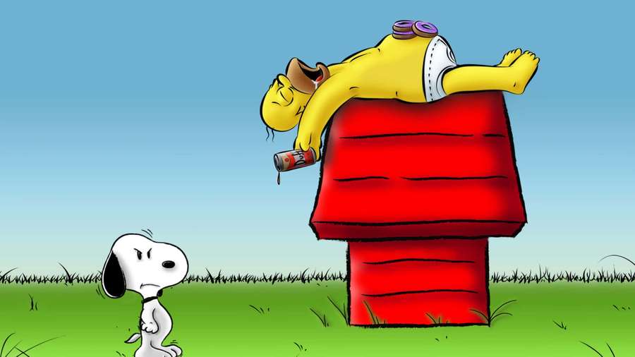 Snoopy looks upset at a yellow cartoon character sleeping on a red doghouse. — Snoopy Background
