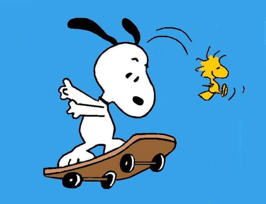 Snoopy auf einem Skateboard mit Woodstock, der in der Nähe fliegt. — Snoopy Bilder