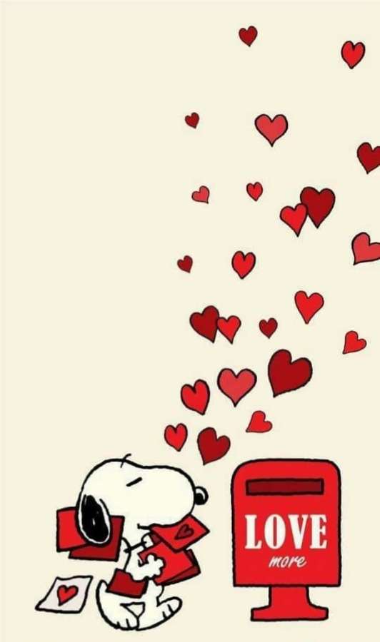Snoopy schickt Liebesbriefe mit Herzen, die aus einem roten Liebesbriefkasten fliegen. — Snoopy Valentin Wallpaper