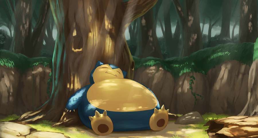 Snorlax sleeping under a tree in a forest — Snorlax Background