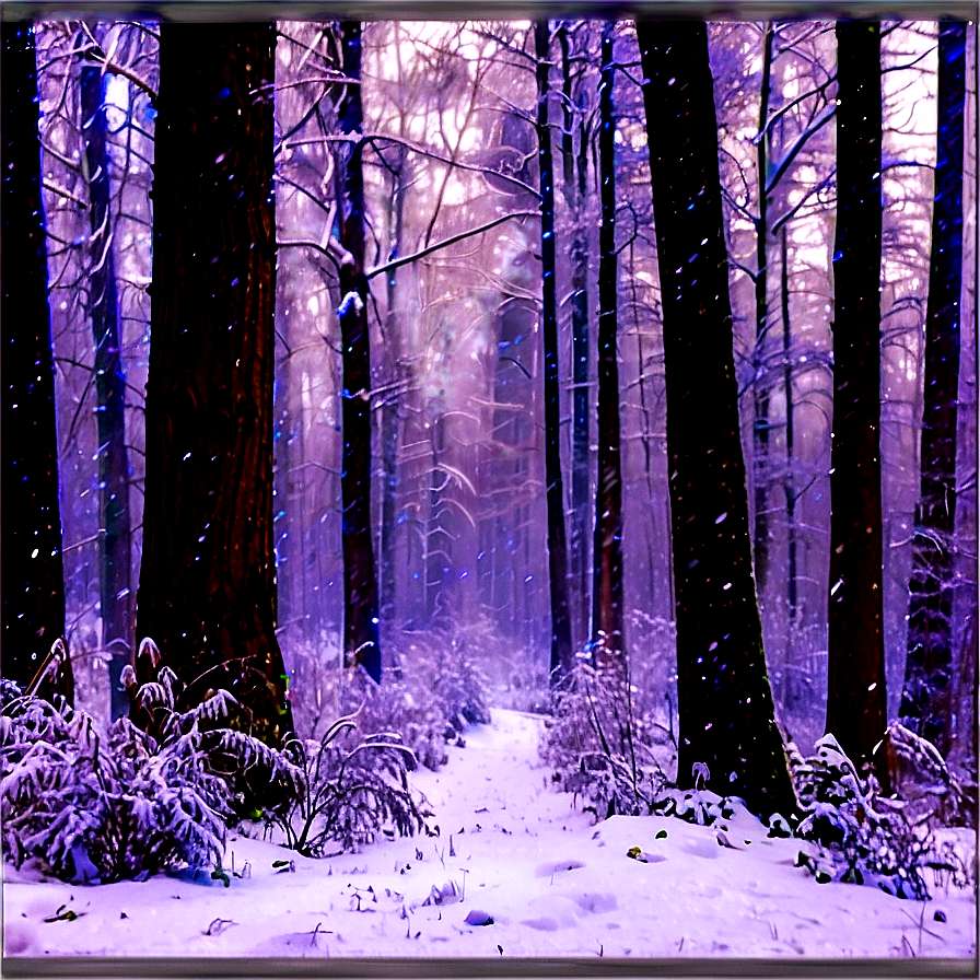 Snow-covered forest path with tall trees under purple twilight sky — Snowfall PNG