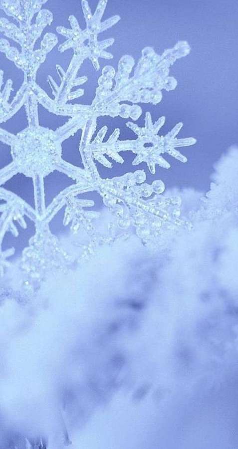 Close-up of a detailed snowflake on a snowy surface under a blue sky. — Snowflake iPhone Wallpaper