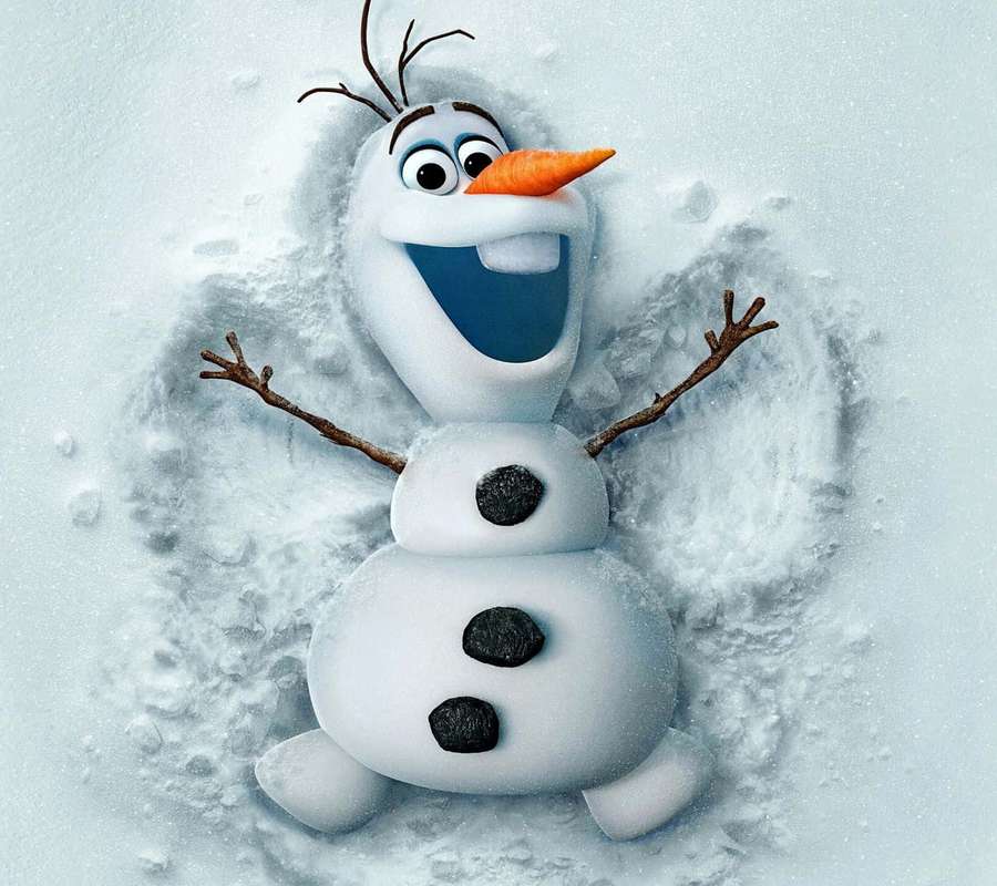 A smiling snowman with a carrot nose and twig arms lying in snow. — Snowman Background