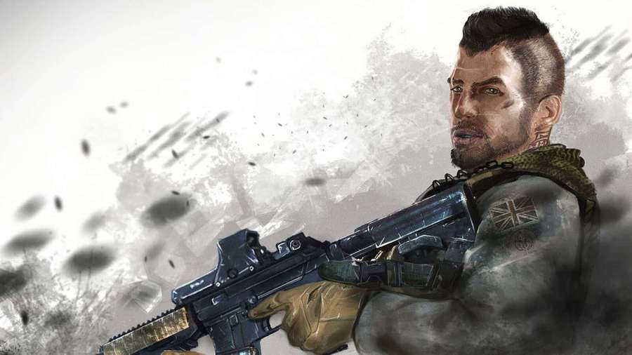 Un soldado con un mohicano y un tatuaje de la Union Jack sostiene un rifle en medio de humo y escombros. — Soap Mactavish Fondos de pantalla