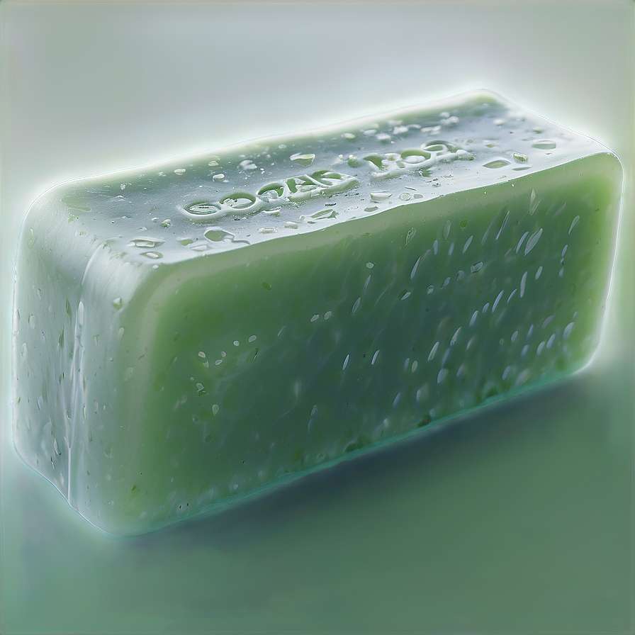 A green bar of soap with water droplets on a green surface. — Soap PNG