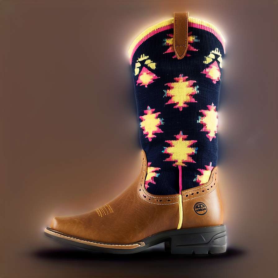 Brown leather cowboy boot with a glowing neon patterned sock. — Sock PNG