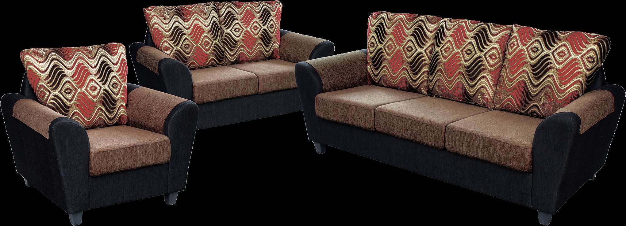 Modern dark blue sofa and armchair set with geometric patterned pillows. — Sofa PNG
