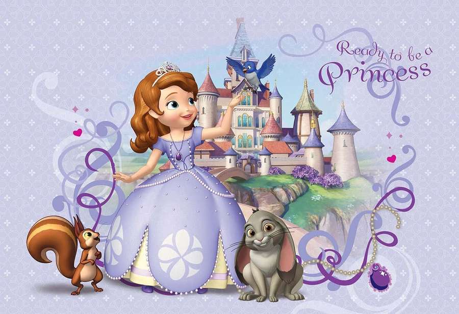 Princess Sofia with animal friends in front of a castle with 'Ready to be a Princess' text. — Sofia The First Wallpaper