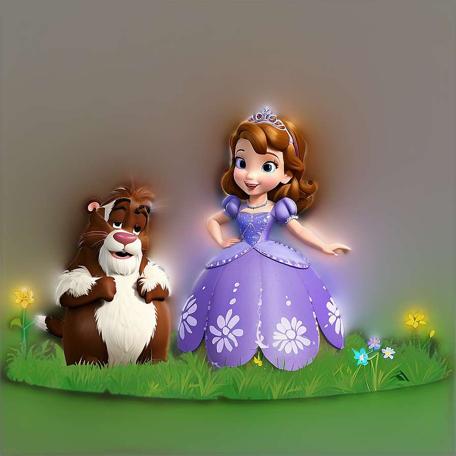 Princess and beaver in a grassy field with glowing flowers. — Sofia The First PNG
