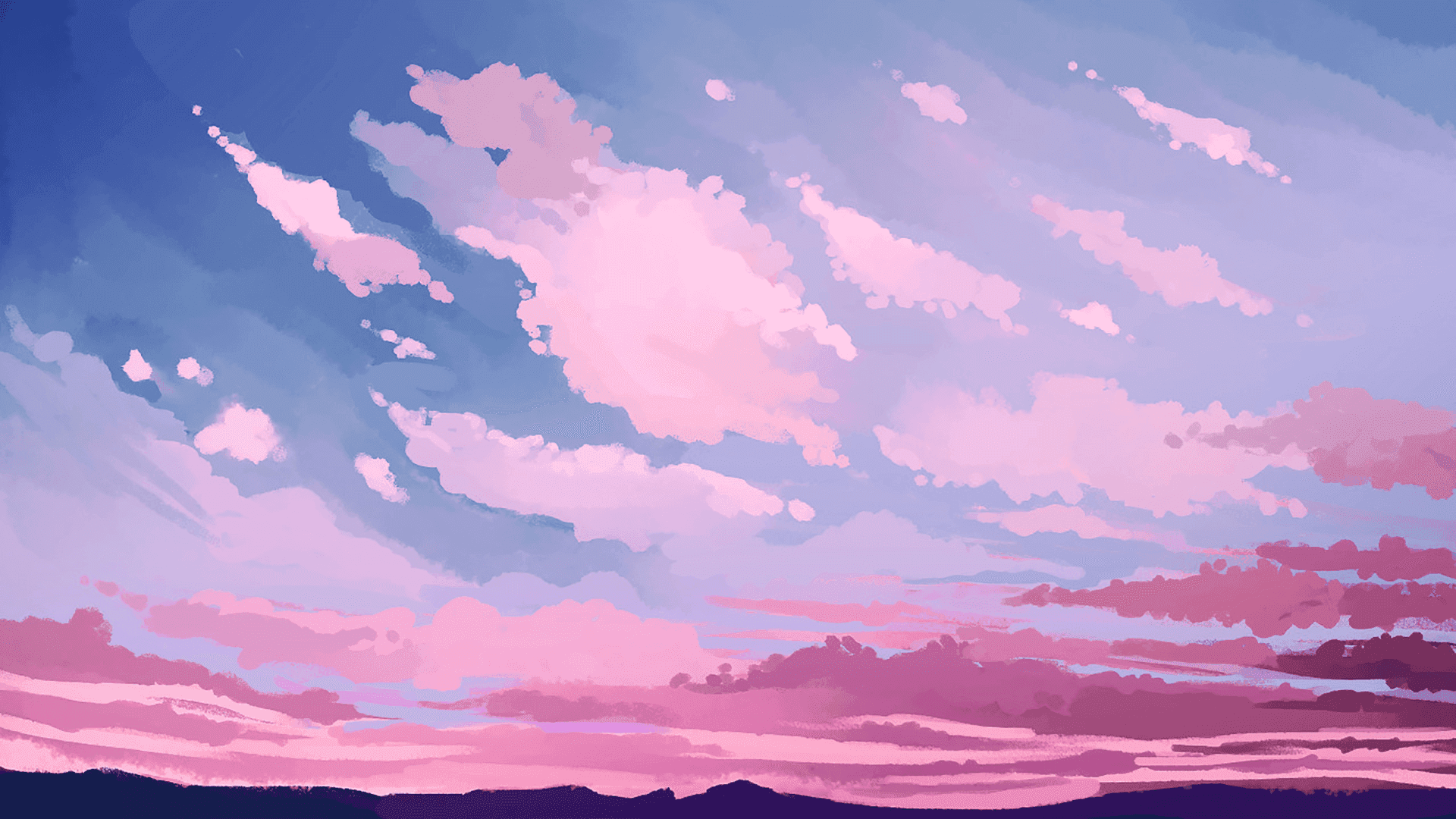 Pink and blue clouds drift over a dark hill silhouette at twilight. — Soft Aesthetic Wallpaper