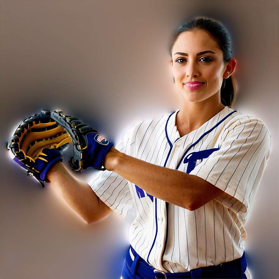 Female baseball player in pinstripe uniform holding glove with confident smile. — Softball PNG