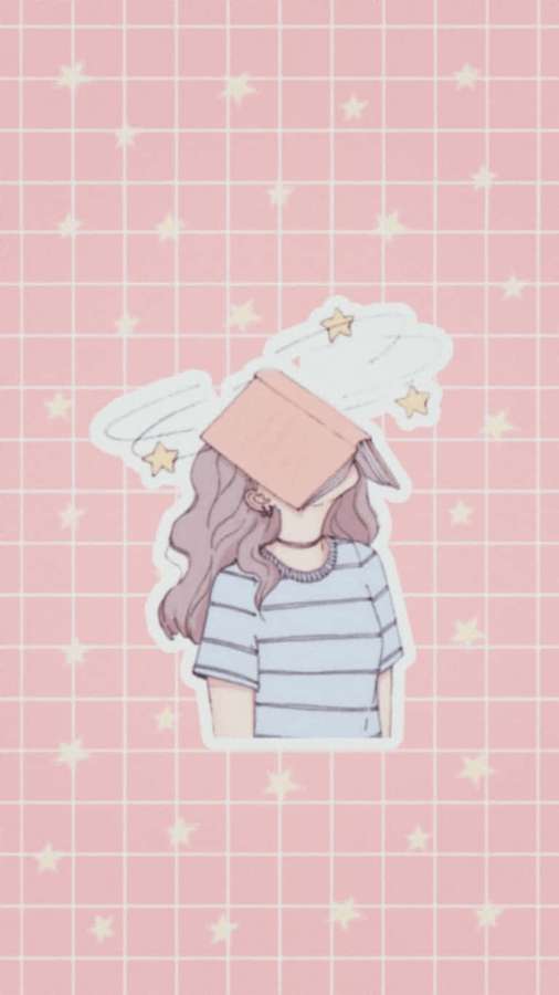 Anime girl with book hat on pink grid with stars background — Softie Aesthetic Wallpaper