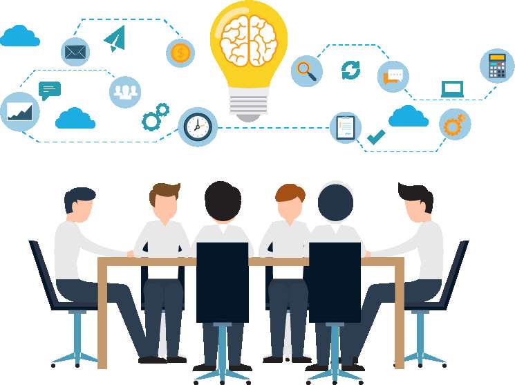 Team meeting with brain lightbulb and digital icons above them — Software PNG