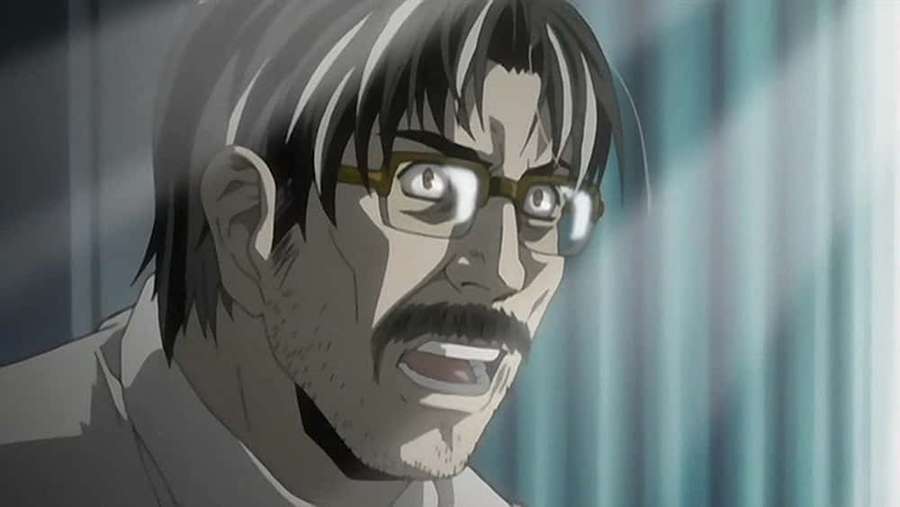 An anime man with glasses and a mustache shouting intensely. — Soichiro Yagami Wallpaper