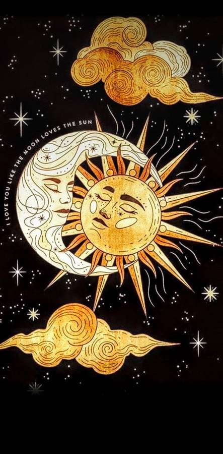 Sol e lua celestiais com rostos se abraçando sob nuvens douradas em um céu noturno estrelado. — Sol e lua Papéis de Parede