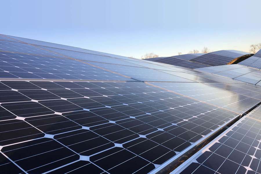 Rows of solar panels reflecting sunlight under a clear blue sky. — Solar Panel Wallpaper