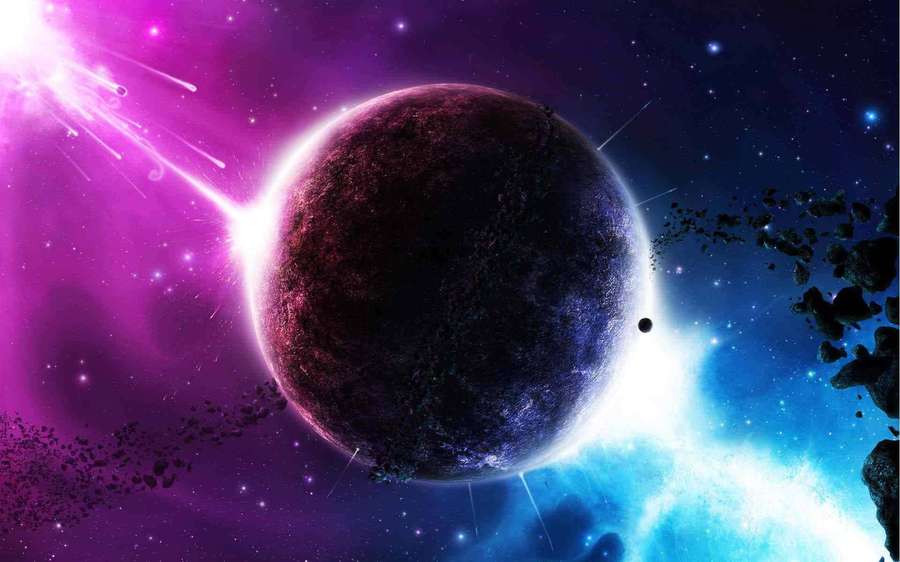 A dark planet with glowing rings surrounded by colorful cosmic clouds and asteroids. — Solar System Background