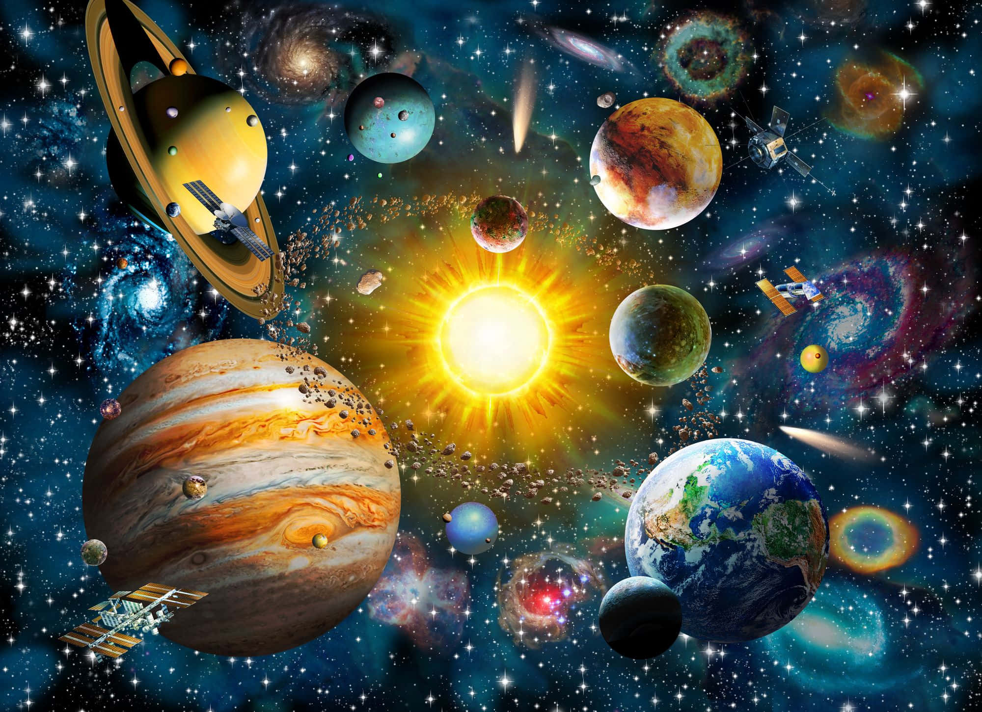 Corpi celesti e veicoli spaziali in orbita attorno a un sole luminoso in un universo stellato. — Solar System Sfondi