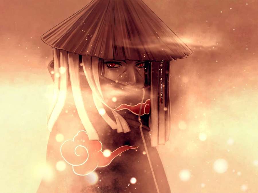 Personaje de anime con ojos rojos y sombrero de paja brillando en niebla cálida. — Sombrero Akatsuki Fondos de pantalla