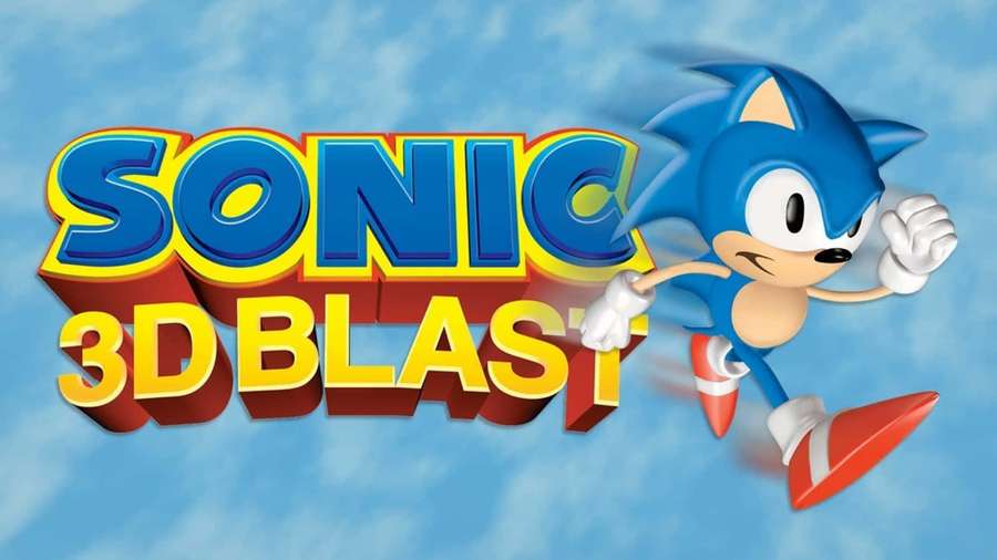 Sonic the Hedgehog running past the Sonic 3D Blast game title. — Sonic 3d Blast Wallpaper