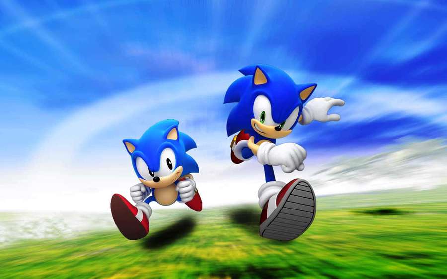 Two blue hedgehogs running fast across a green field under a blue sky. — Sonic Background