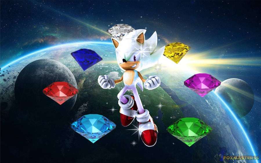 Silver Sonic umgeben von bunten Diamanten im Weltraum mit Erde und Mond hinter ihm. — Sonic Bilder
