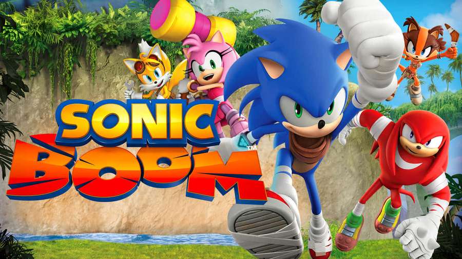 Sonic Boom characters running through a jungle with title text. — Sonic boom Wallpaper