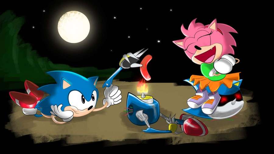 Sonic y Amy disfrutando juntos de una comida a la luz de las velas bajo una luna llena. — Sonic Cd Fondos de pantalla