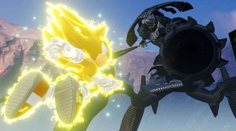 Sonic the Hedgehog en super forma dorada luchando contra un jefe mecánico en un cañón. — Sonic Fronteras Fondos de pantalla