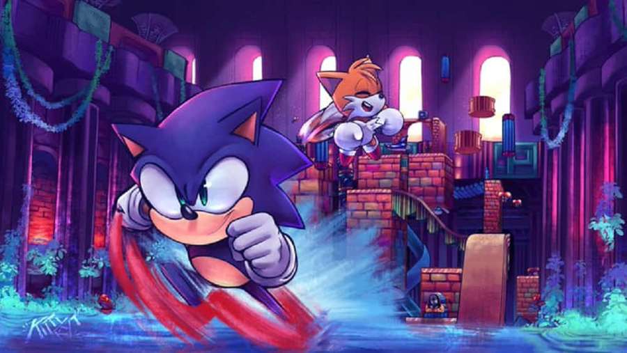 Sonic and Tails racing through a glowing ruin in a colorful anime game scene. — Sonic Hydrocity Zone Wallpaper