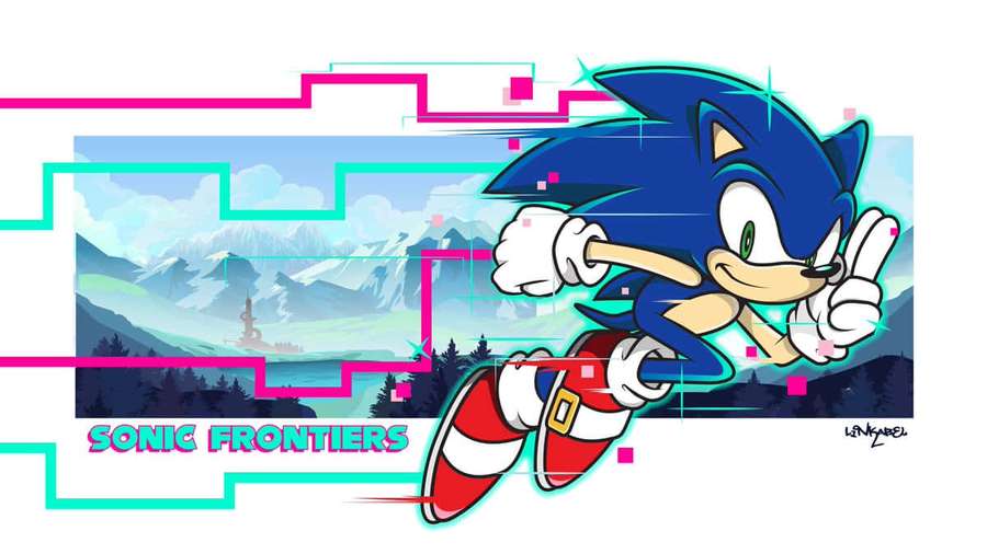 Sonic the Hedgehog running fast through a mountain scene with neon outlines. — Sonic Ice Cap Zone Wallpaper