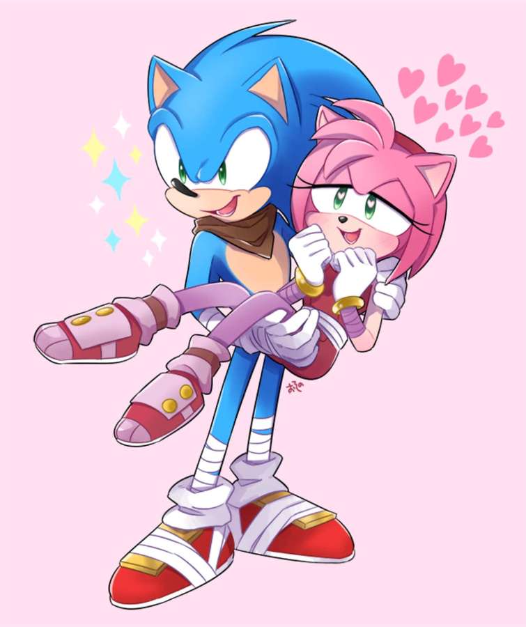 Sonic kantaa Amy Rosea, ja heidän ympärillään leijuu sydämiä ja kimalteita. — Sonic ja Amy Taustakuvat