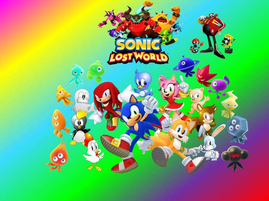 Sonic characters in action poses against a rainbow gradient background. — Sonic Lost World Background