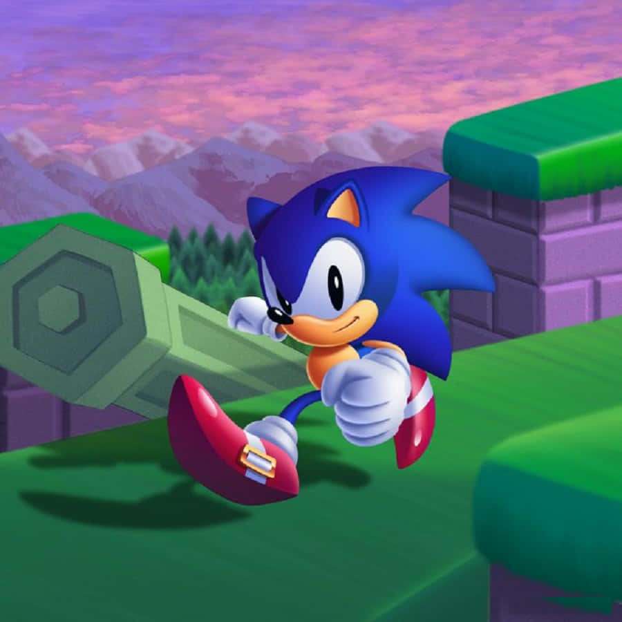 Sonic the Hedgehog running on green platforms with mountains and purple sky. — Sonic Marble Zone Wallpaper