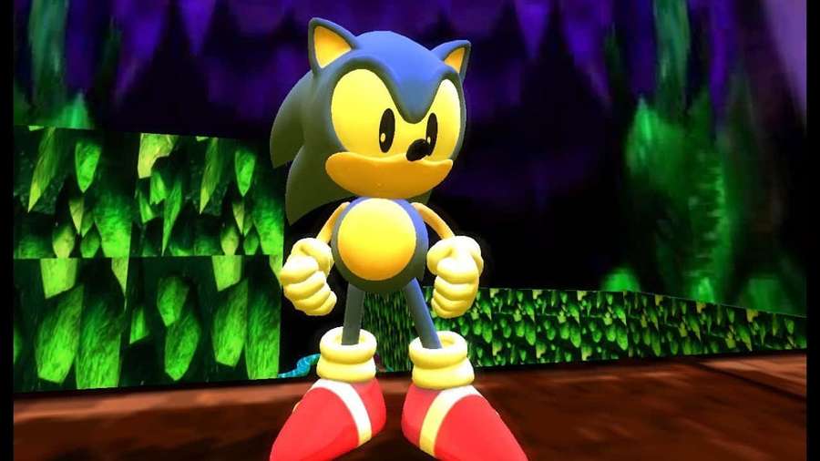 Sonic the Hedgehog in a glowing green cave with purple background. — Sonic Mystic Cave Zone Wallpaper
