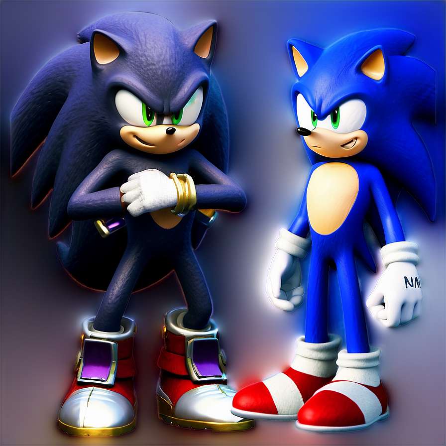 Two Sonic the Hedgehog characters one dark blue one classic blue standing side by side. — Sonic PNG