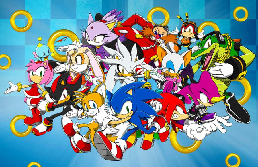 Sonic and friends in action pose with golden rings floating around them. — Sonic The Hedgehog Characters Wallpaper
