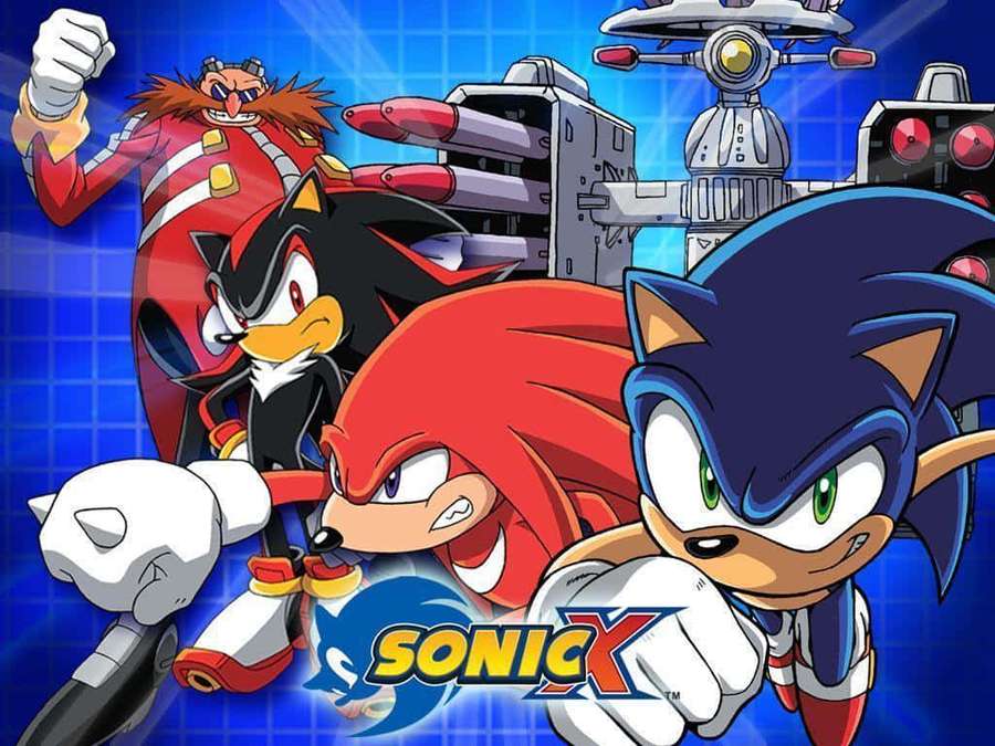Sonic, Knuckles, Shadow y Tails en poses de acción con robots al fondo. — Sonic X Fondos de pantalla