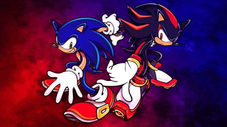 Sonic y Shadow the Hedgehog corriendo en un fondo vibrante rojo y azul. — Sonic y Shadow Fondos de pantalla