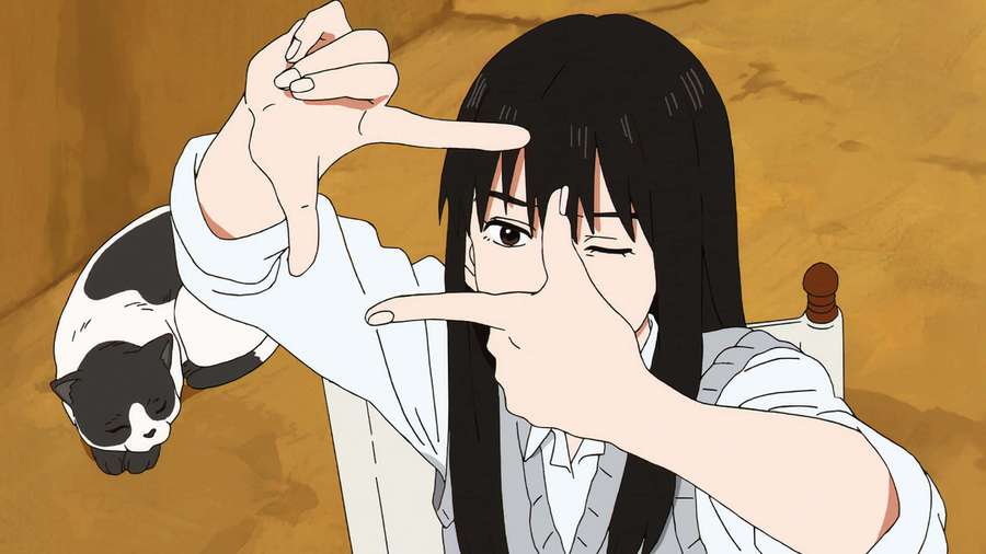 Anime girl winks and frames sleeping cat with hands indoors. — Sonny Boy Background