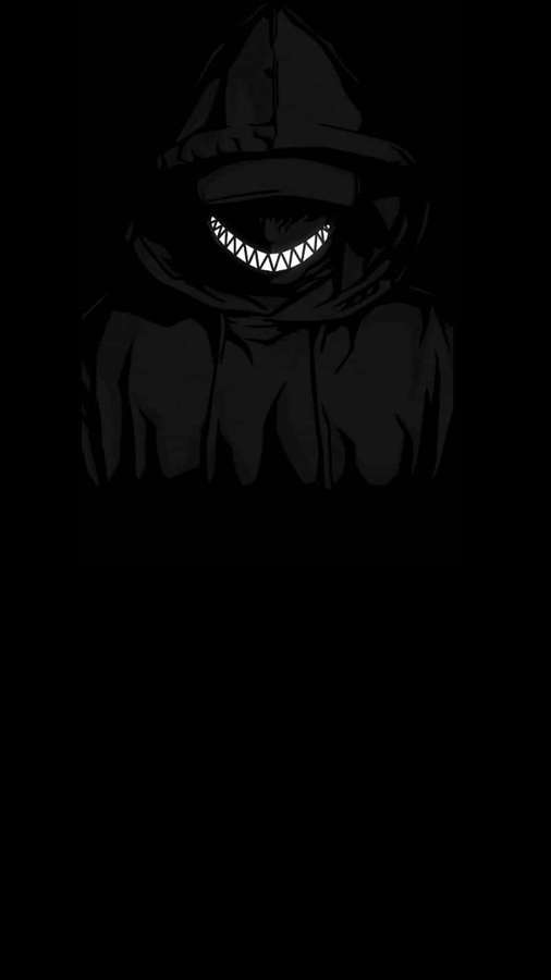 Una figura encapuchada sombría con dientes afilados que brillan en la oscuridad. — Sonrisa espeluznante Fondos de pantalla