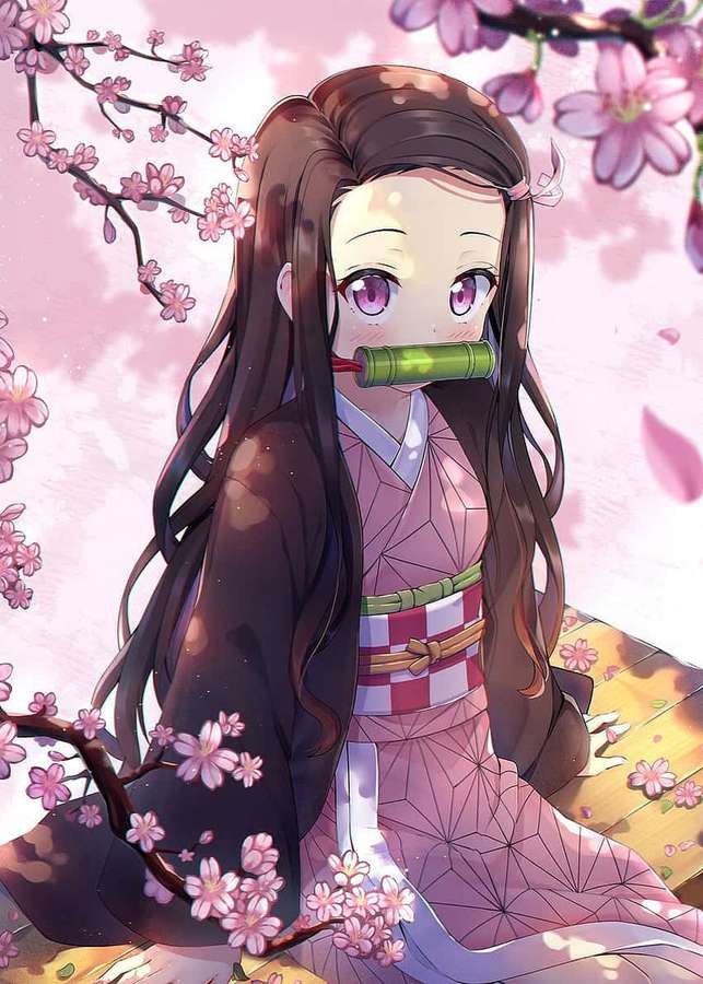 Anime-tyttö vaaleanpunaisessa kimonossa kirsikankukkien alla bambukapulan kanssa. — Söpö Anime Taustakuvat
