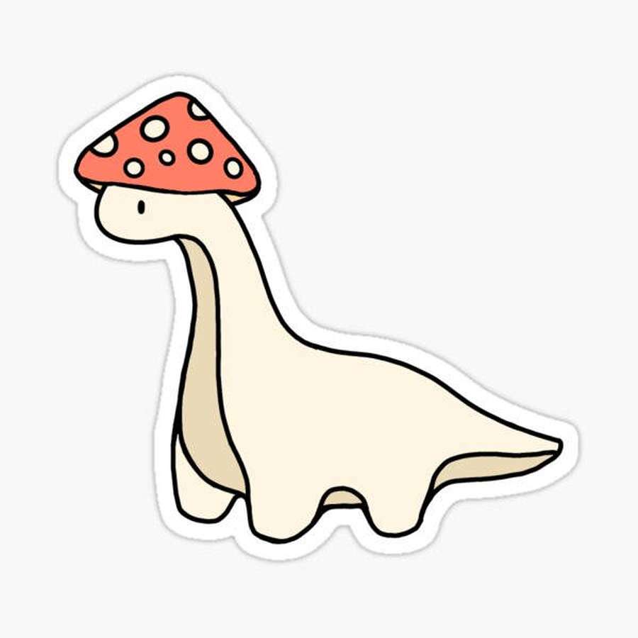 En tegneseriedinosaur som har på seg en rød prikket sopplue som hatt. — Sopp Bakgrunner