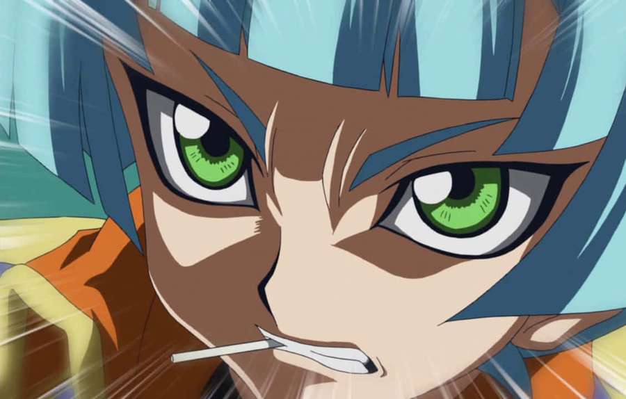 Anime character with green eyes and blue hair holding cigarette with intense expression. — Sora Shiunin Wallpaper