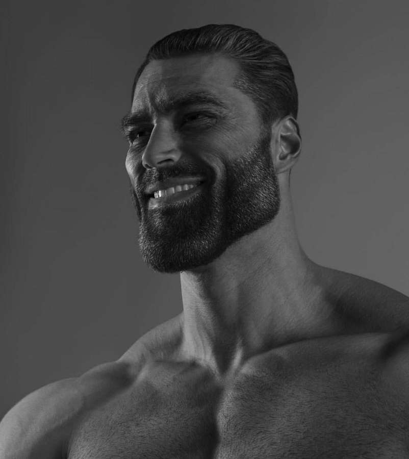 Un uomo barbuto con muscoli definiti sorride in un ritratto in bianco e nero in studio. — Sorriso Sfondi