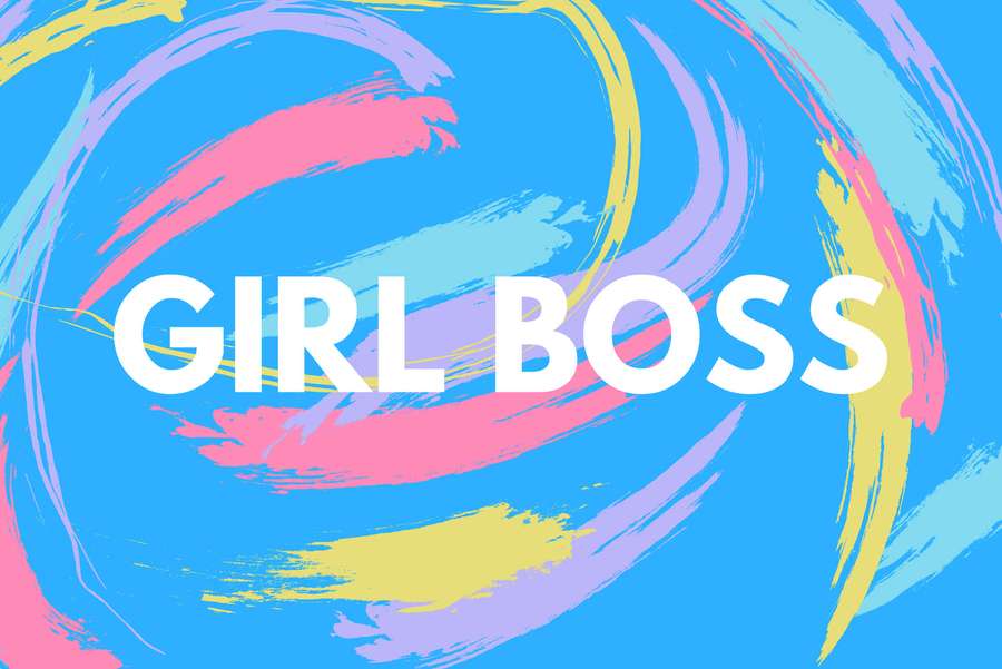Fet hvit tekst girl boss over virvlende fargerike penselstrøk på blå bakgrunn — Søt Mac Bakgrunner